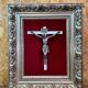 Crucifix, christ, on red velvet frame, silver wood, 50s, 60s, vintage