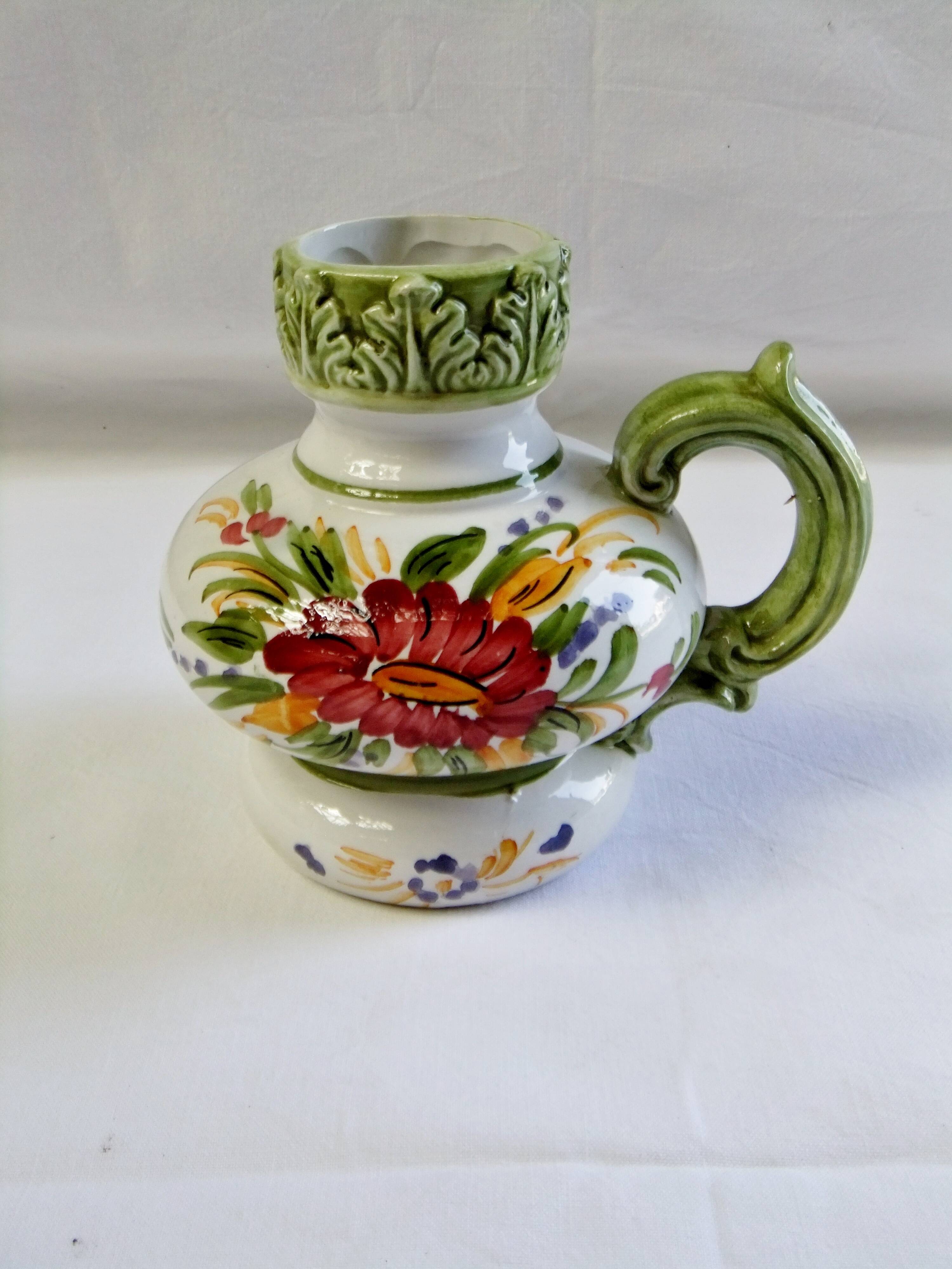 Vintage ceramic slip vase V Bassano pitcher decorated with porcelain flowers