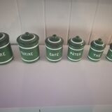 Set of 6 old enamelled jars with 6 trundle lids