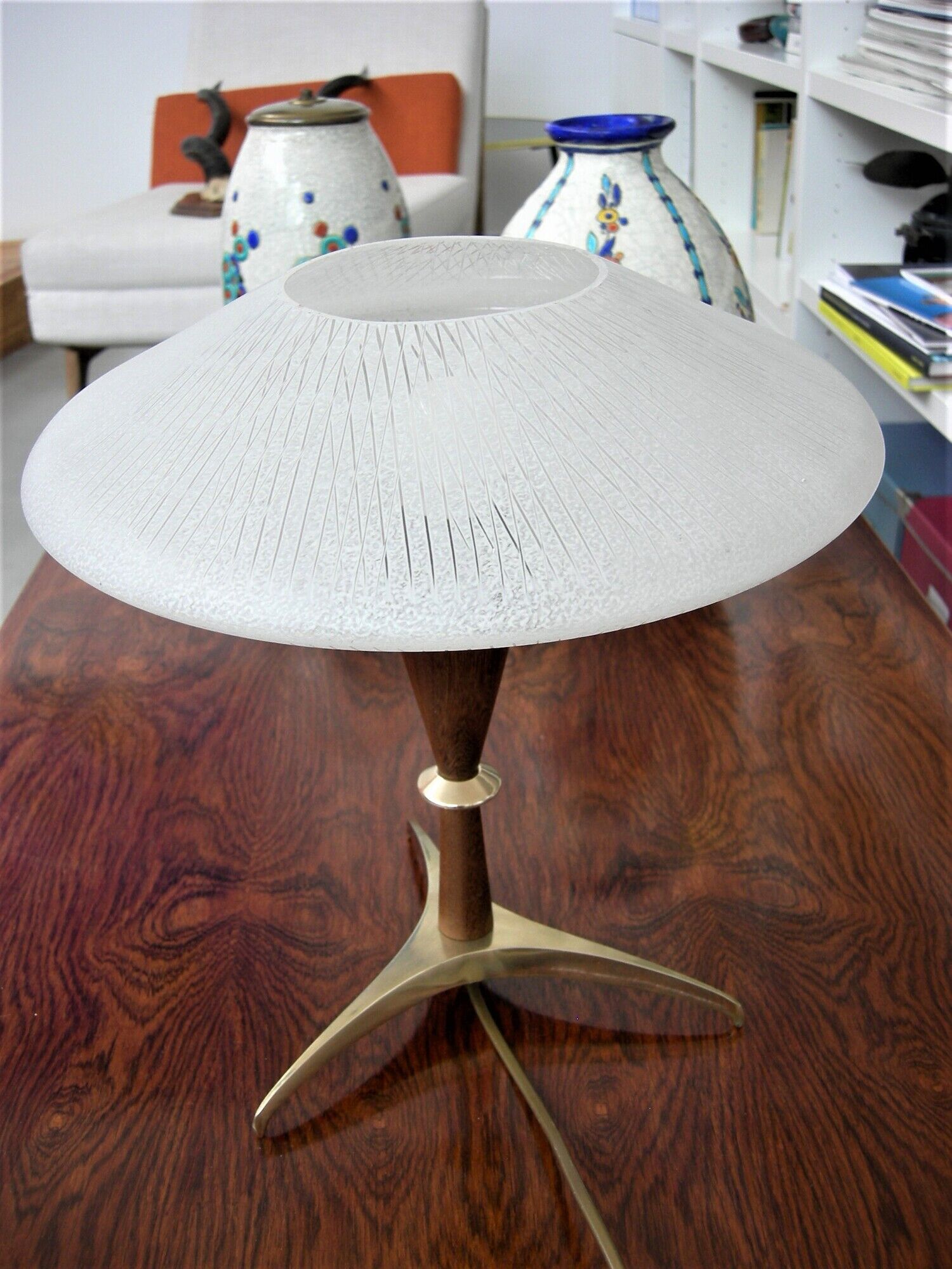 Scandinavian style lamp in teak, brass and opaline