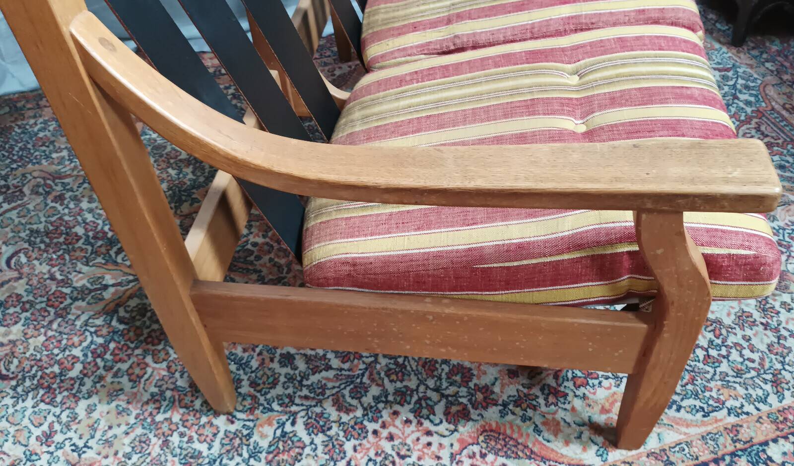 Banquette vintage 2 places et repose-pieds en chêne