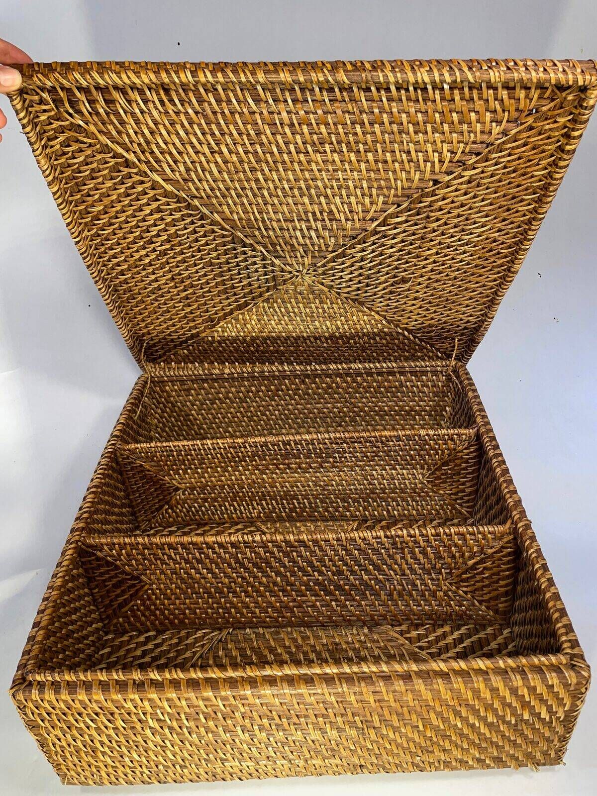 Vintage woven rattan storage box with compartments