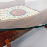 Vintage 60s-70s round coffee table with 2 shelves in glass and rosewood