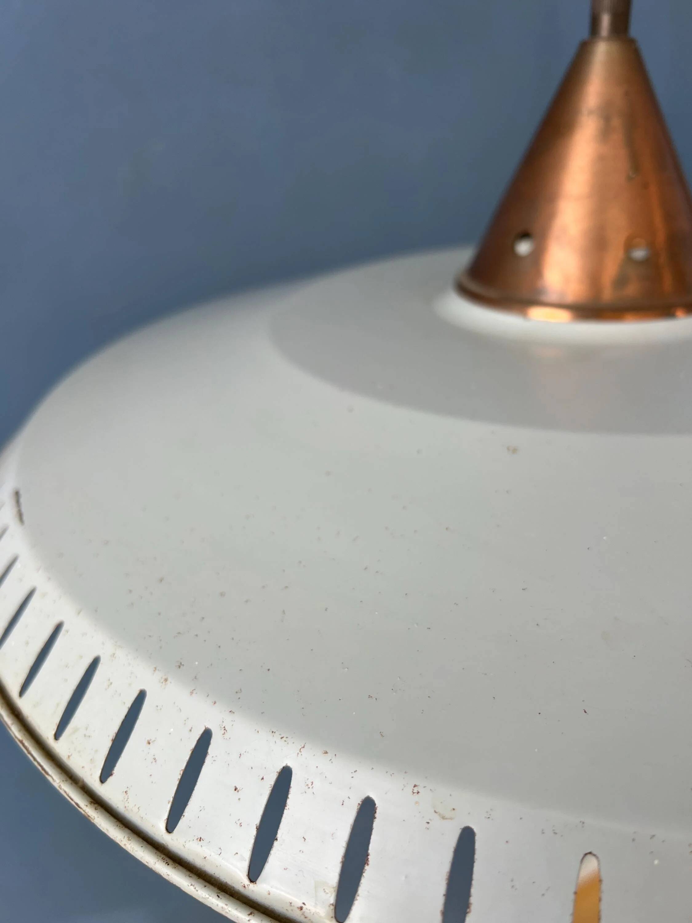 Vintage suspension by Louis Kalff in enamelled metal and opaline glass.