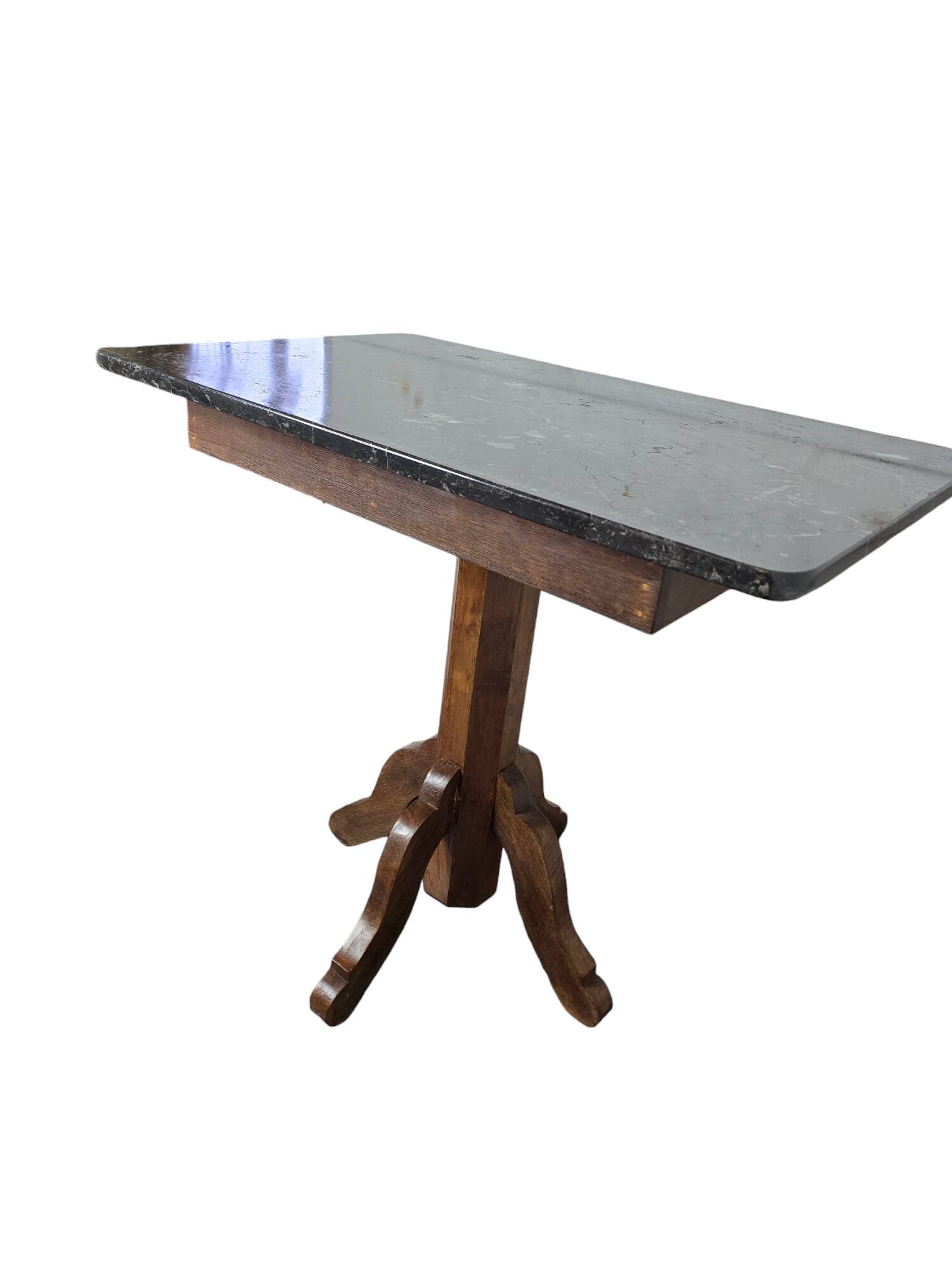 Old pedestal table with oak legs and marble top
