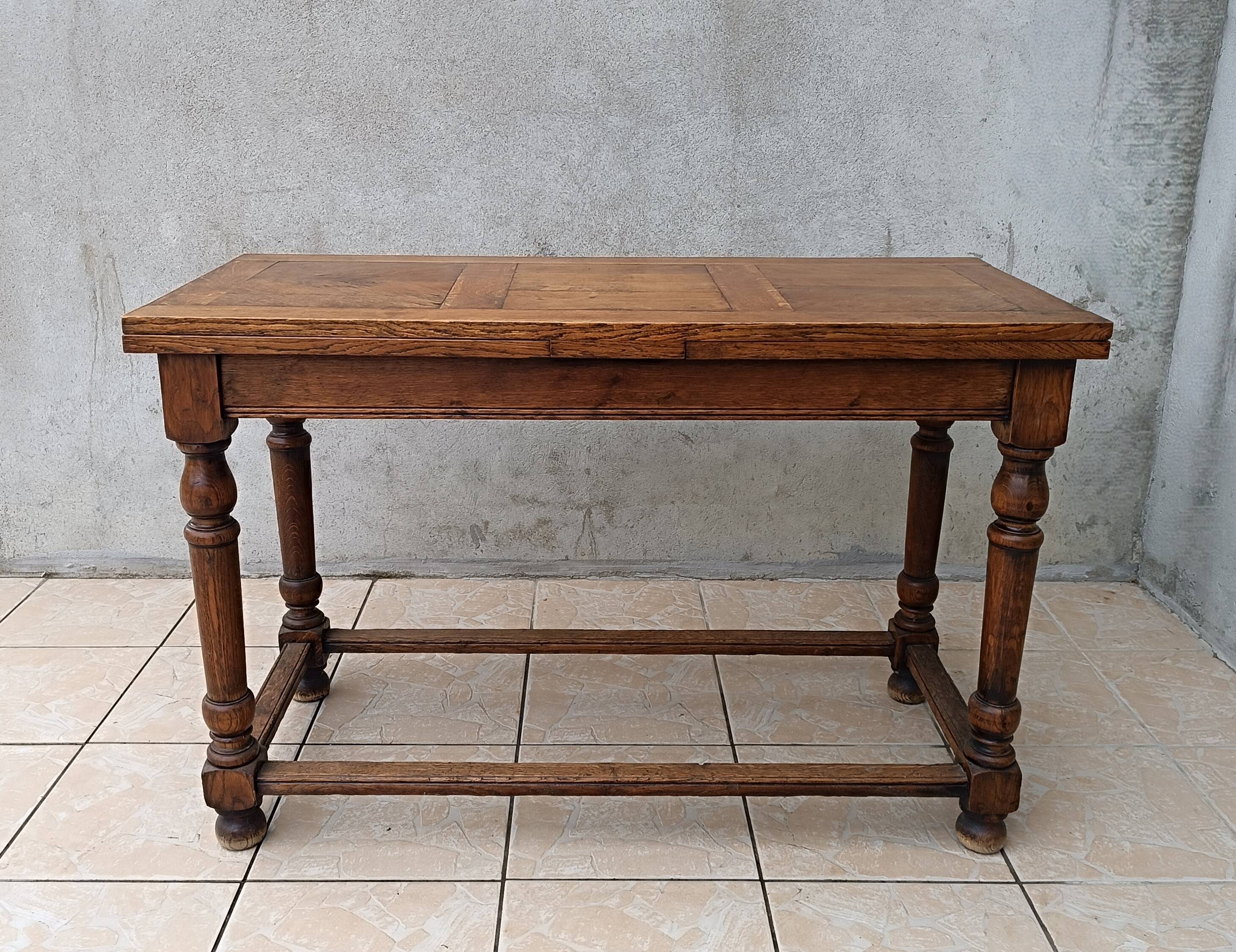 Table console rustique à rallonges en chêne début 20ème