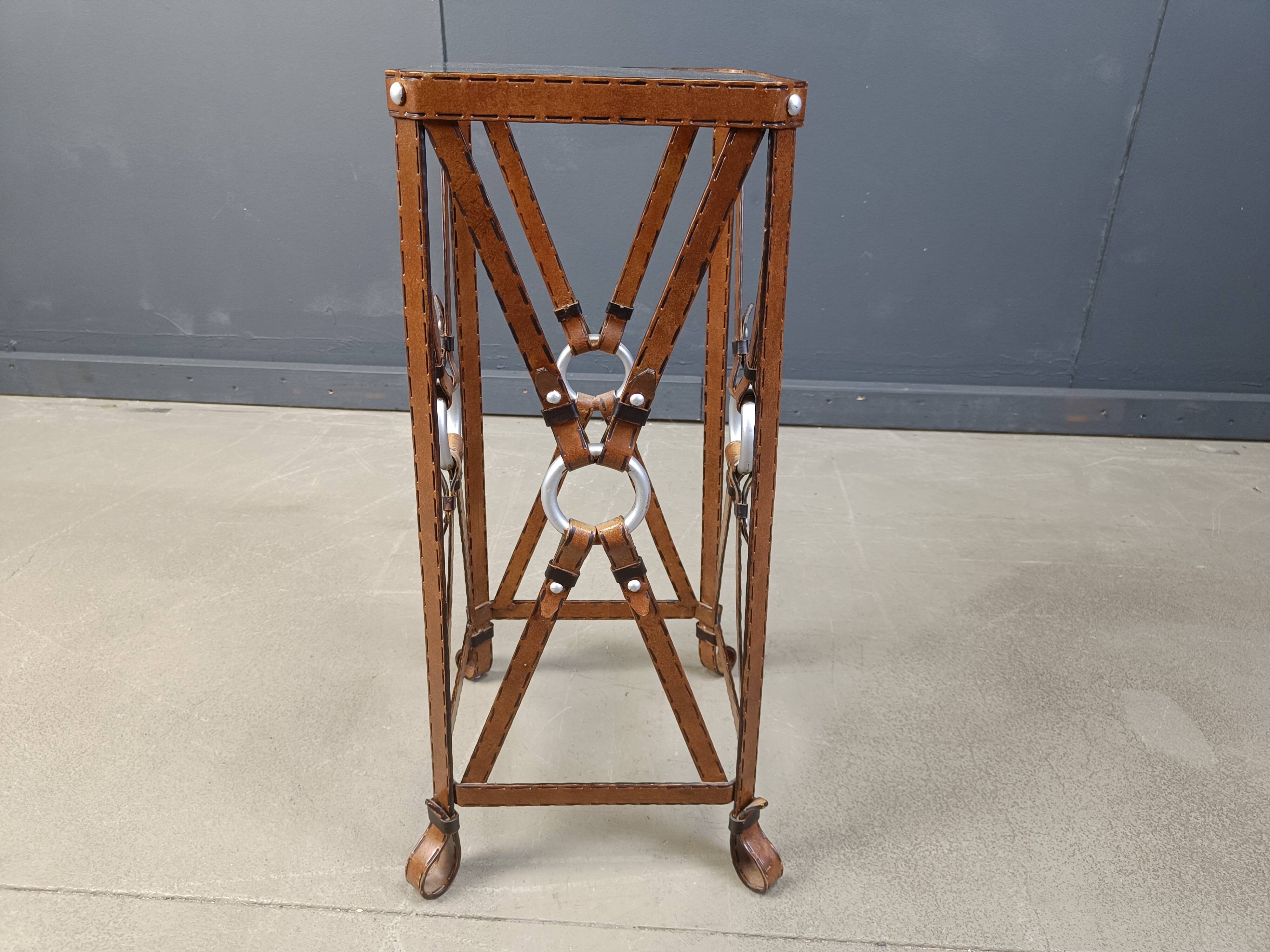 Iron Faux Leather Side Table in the style of Jacques Adnet