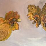 Large oil painting on canvas of a cockfight by Yves BOUGEARD