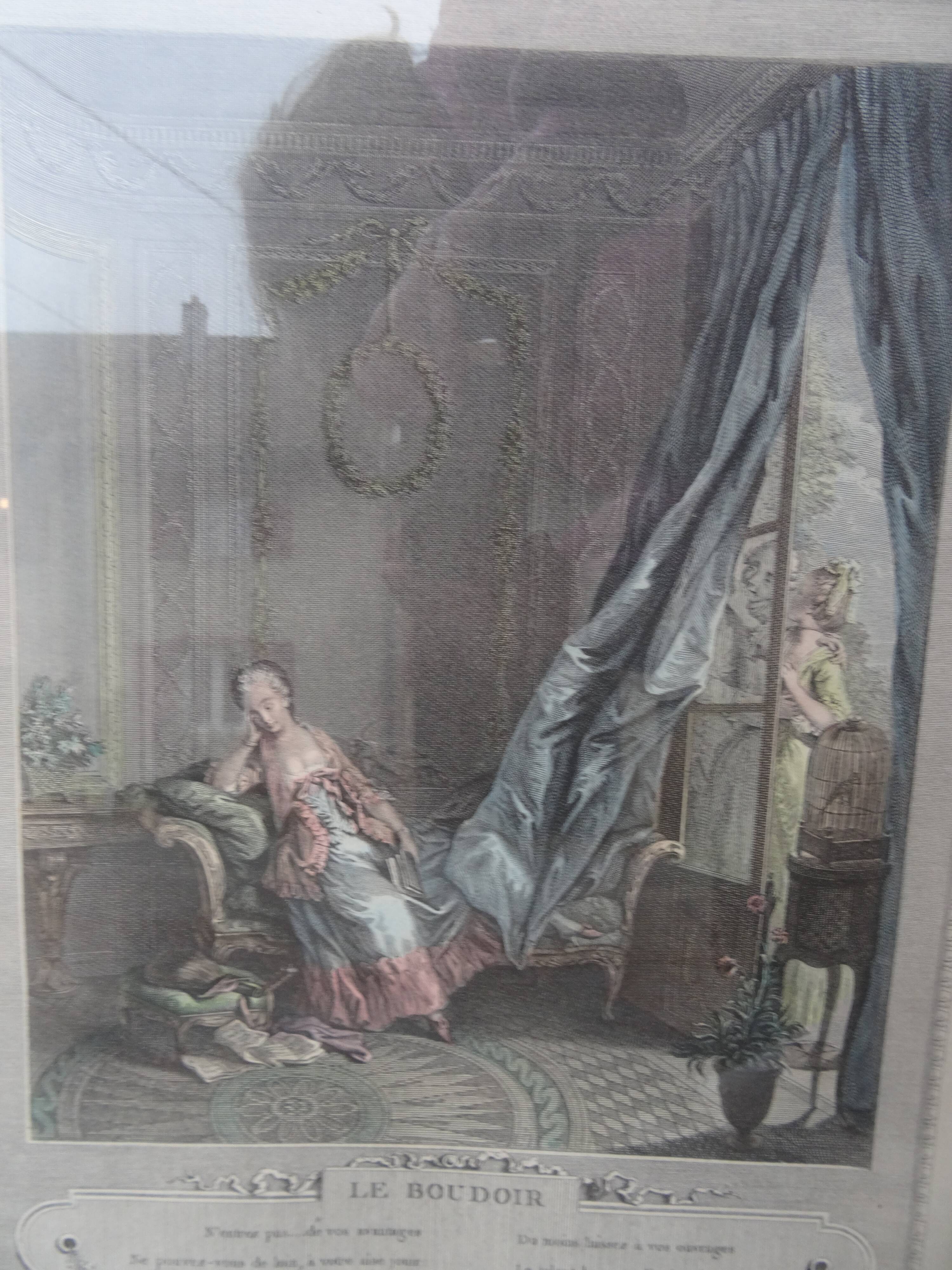 Duo of antique prints framed with canopies