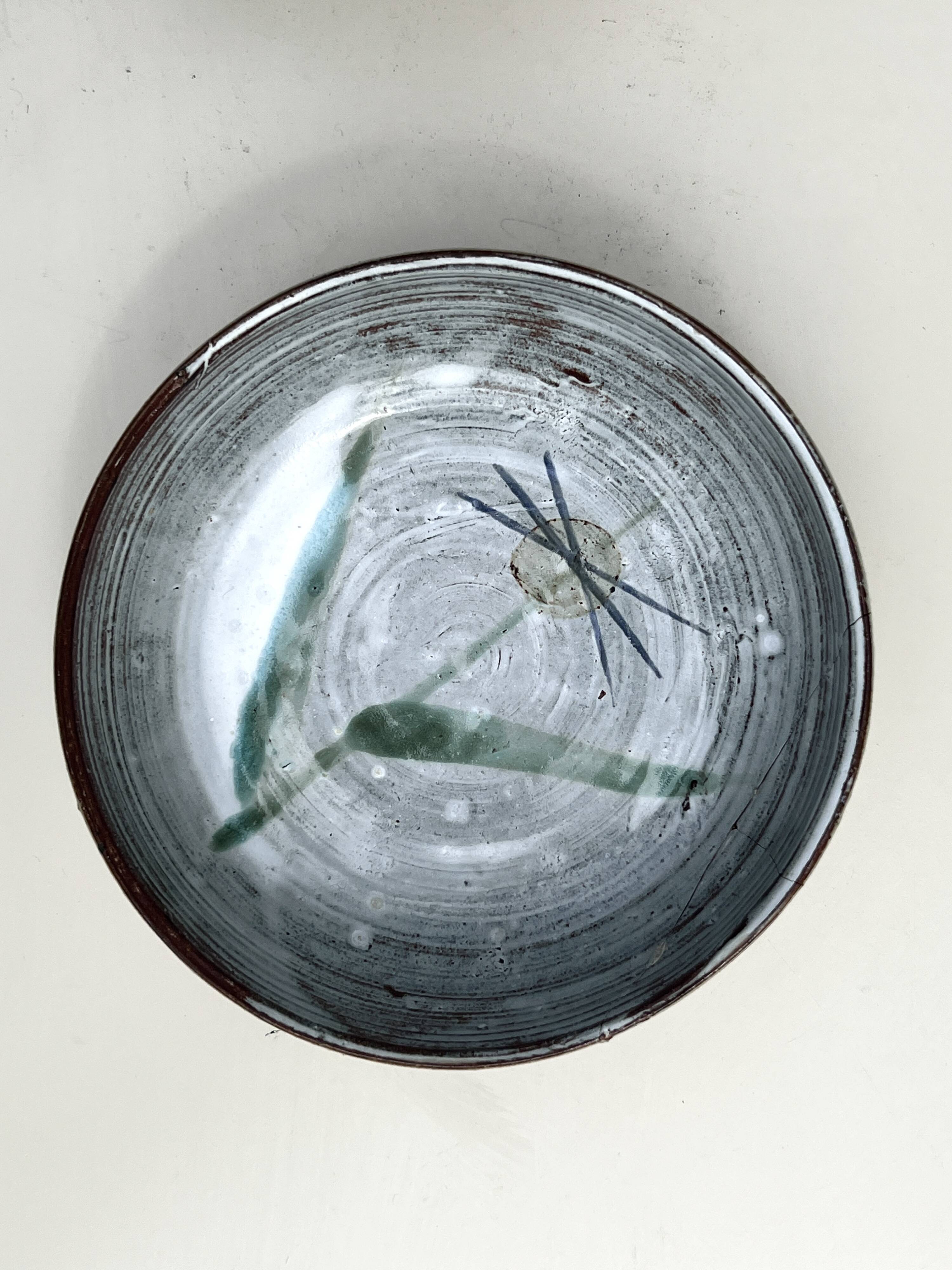 Abstract ceramic glazed pocket bowl, Cecile Dein 1970
