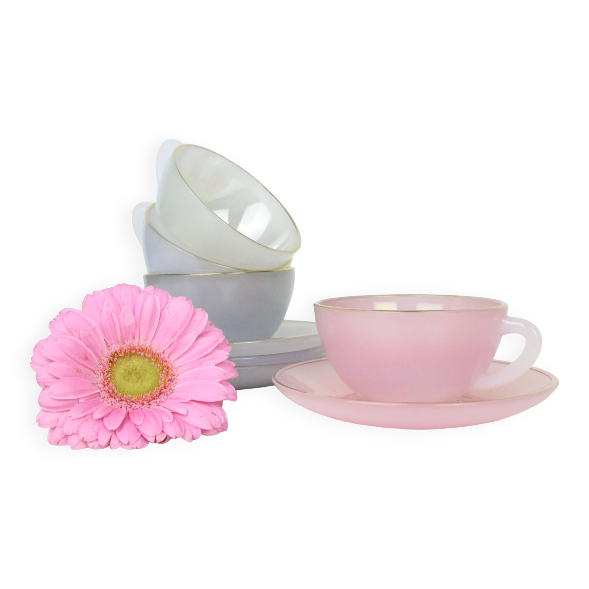 Service à Café Vintage Arcopal Modèle Arlequin - 6 Tasses Et Sous-tasses Opaline Blanche - Occasion