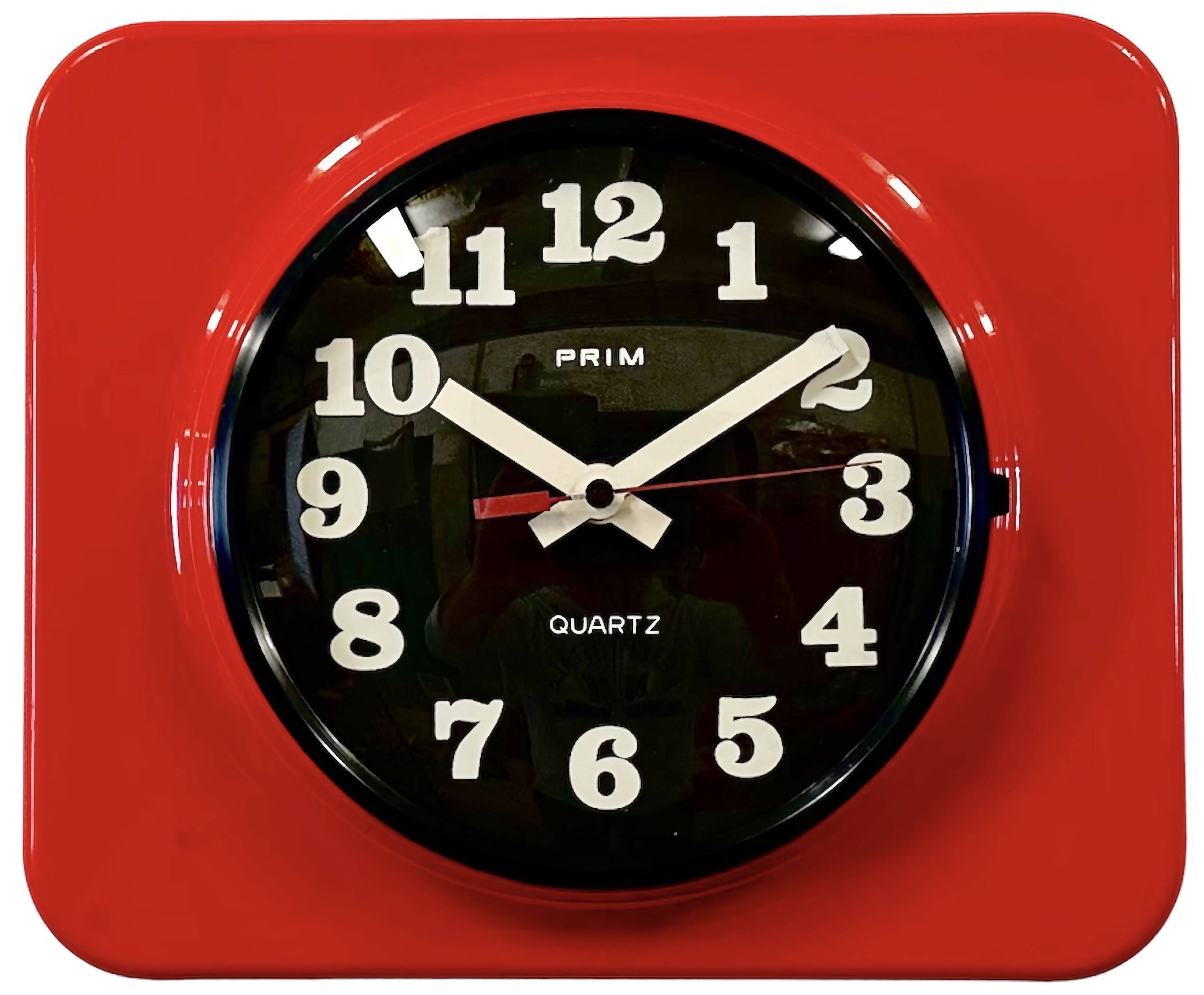 Vintage red bakelite wall clock from prim, 1970s