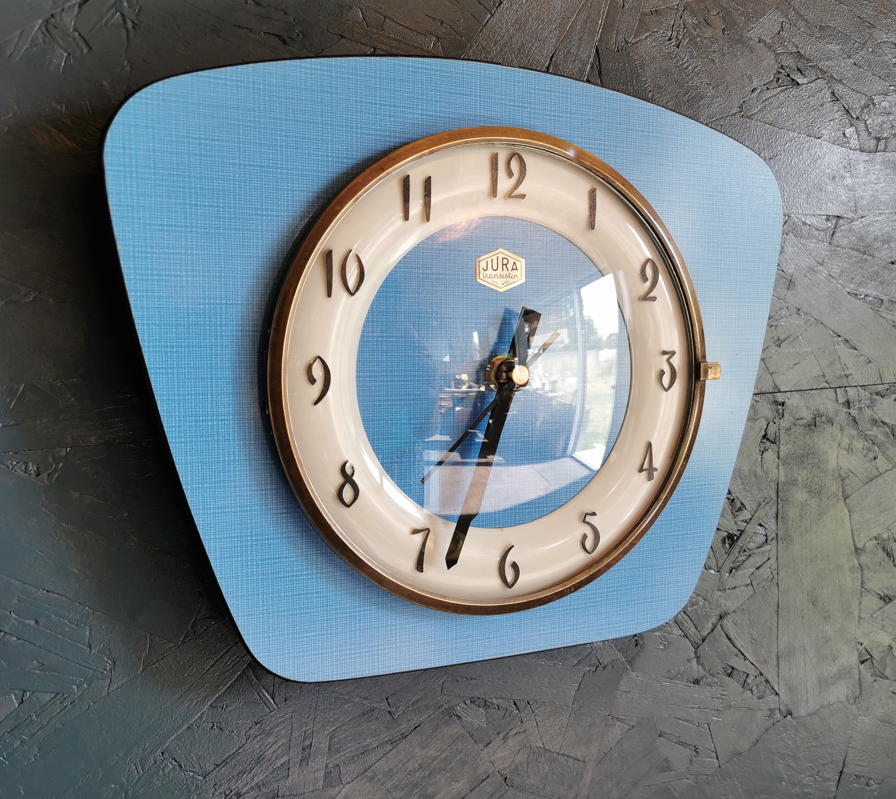 Vintage formica clock silent trapeze wall clock "Blue Jura"