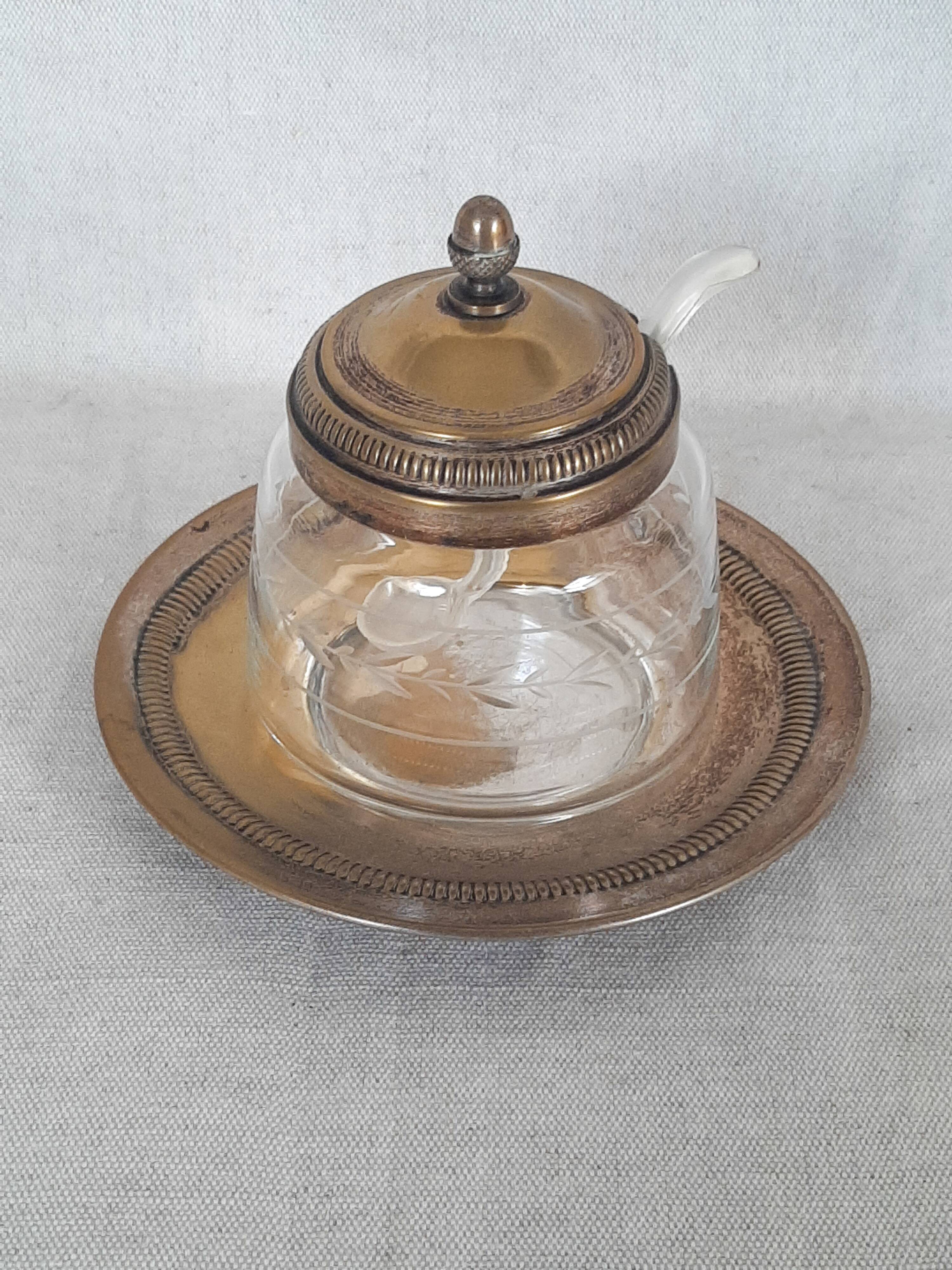 Engraved glass sugar bowl and silver-plated metal