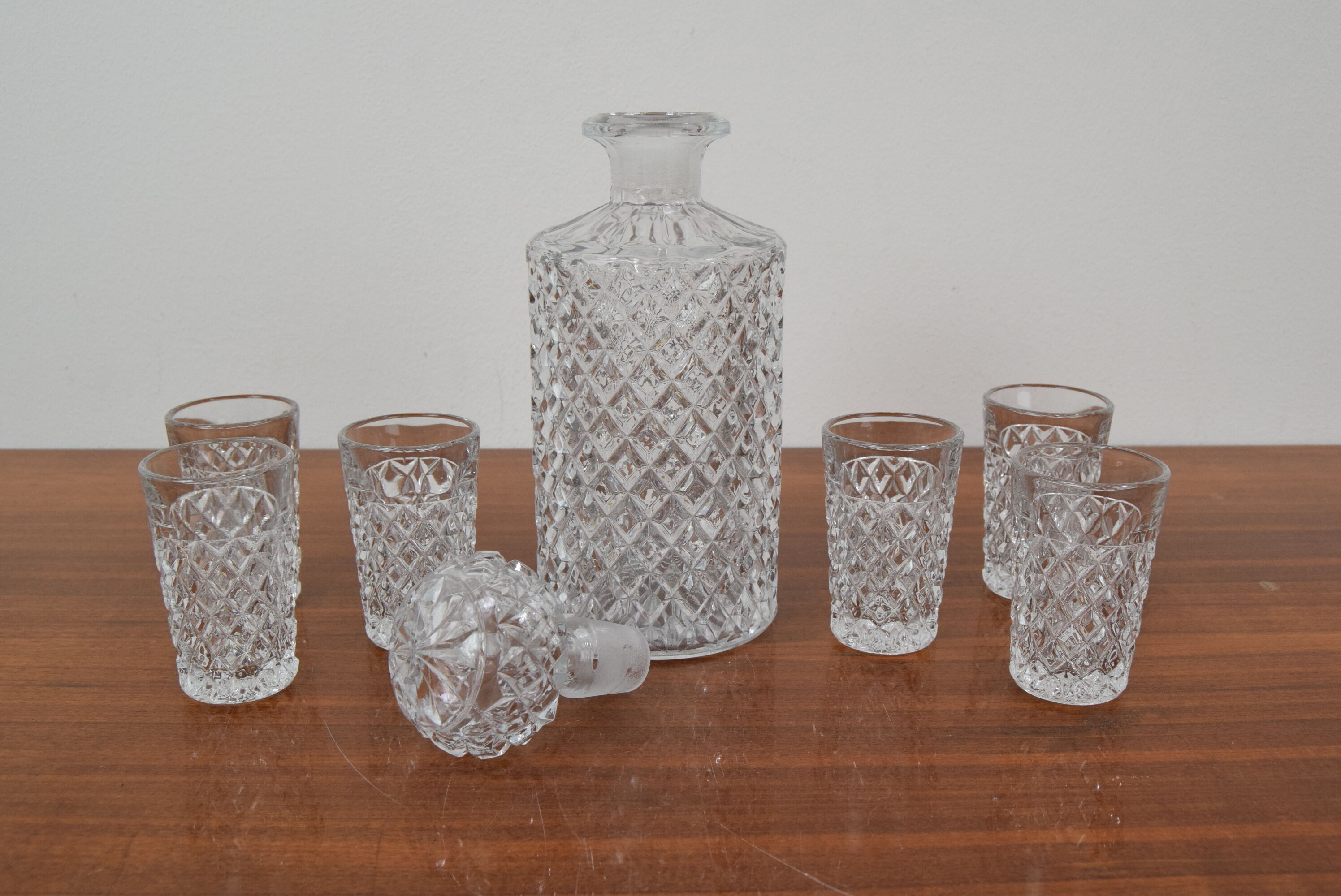 Mid-Century Set of six Glass and Carafe, Bohemia Crystal, 1950´s