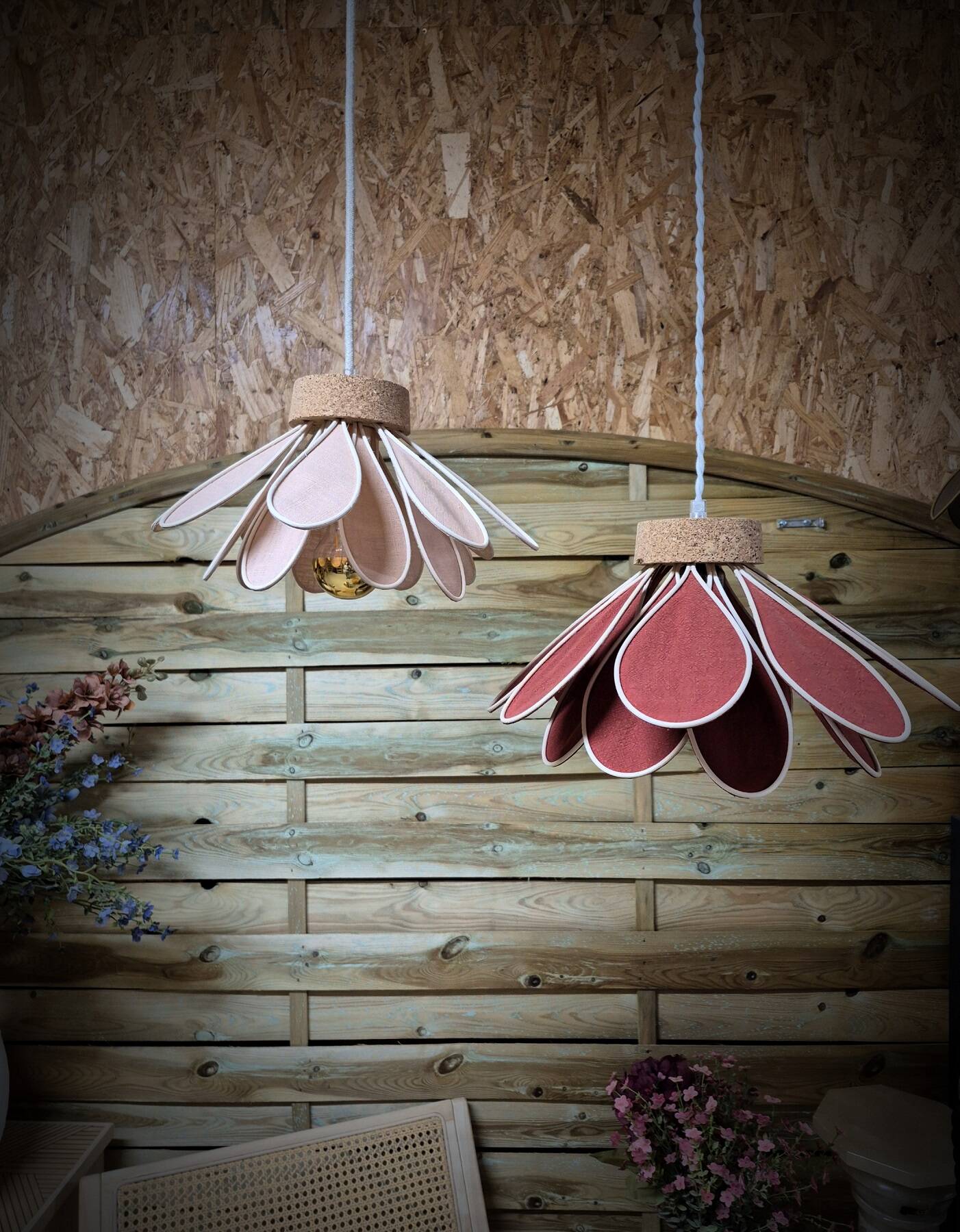 Iris flower pendant, 16 petals in terracotta rattan and linen.