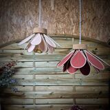 Iris flower pendant, 16 petals in terracotta rattan and linen.