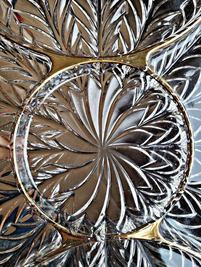 Vintage glass moulded aperitif server with handles and gilding.