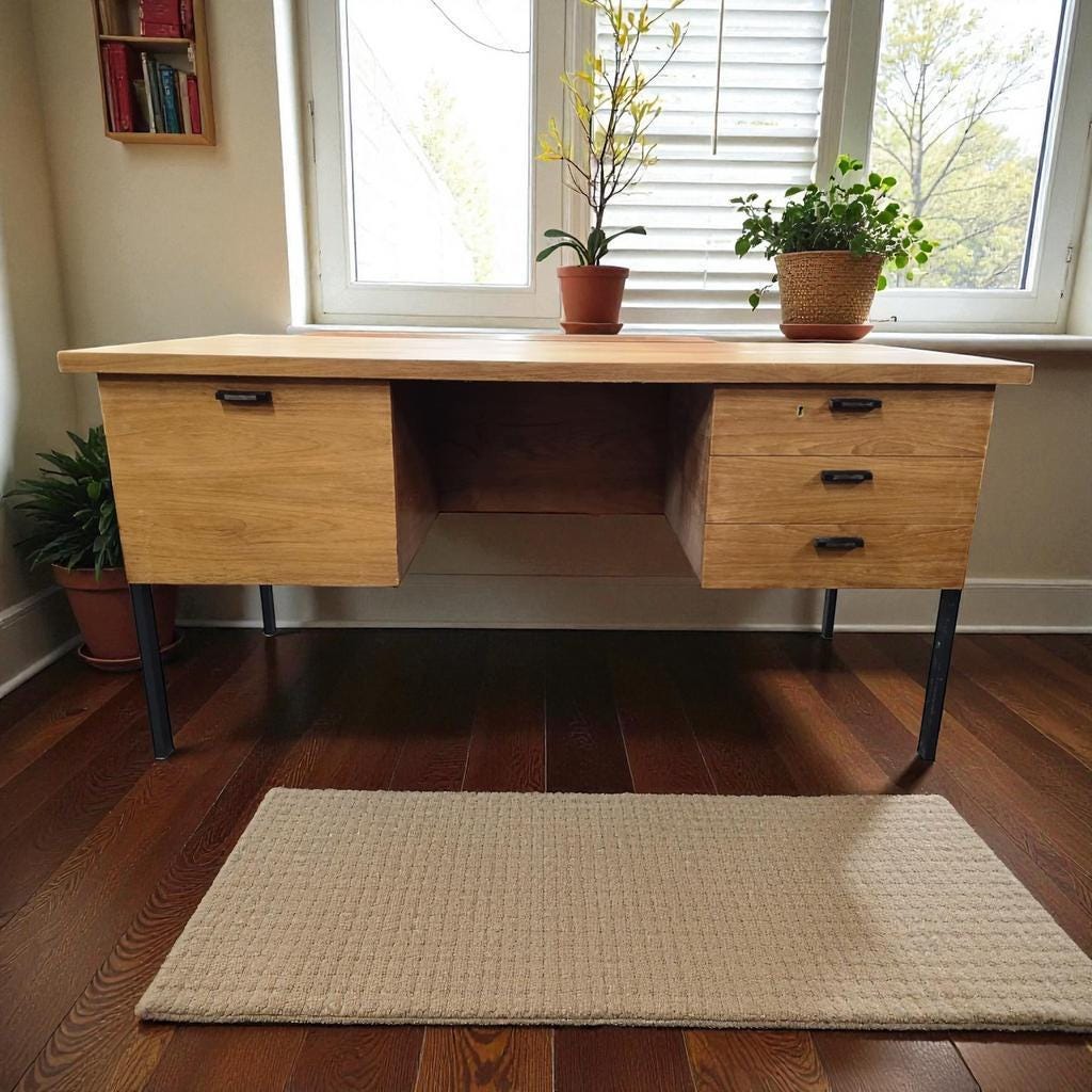 Vintage wooden desk with black steel frame