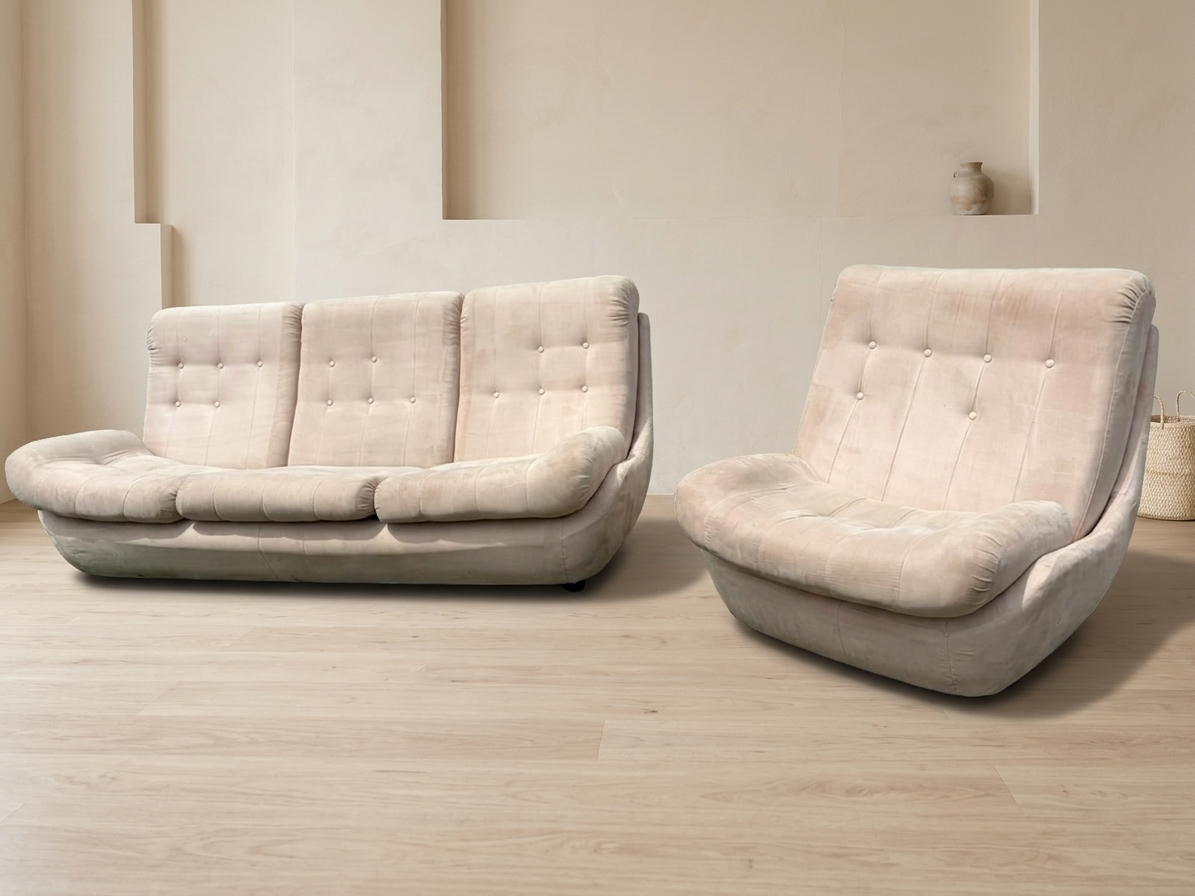 Atlantis seating set space age upholstered sofa & lounge chair by Jitona, 1970s Czechoslovakia