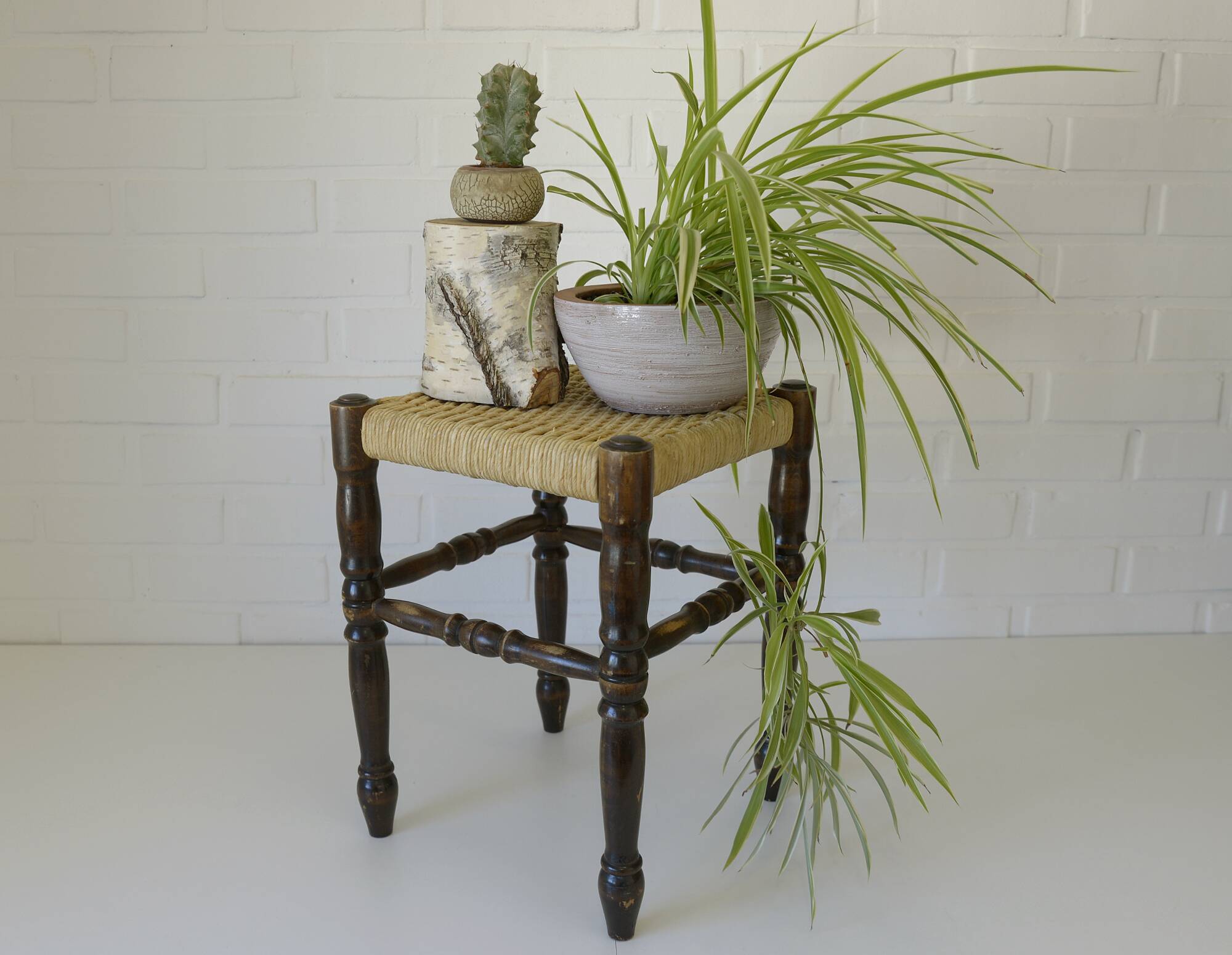 Vintage rustic stool, wooden ottoman footstool, wicker bench from the 1960
