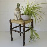 Vintage rustic stool, wooden ottoman footstool, wicker bench from the 1960
