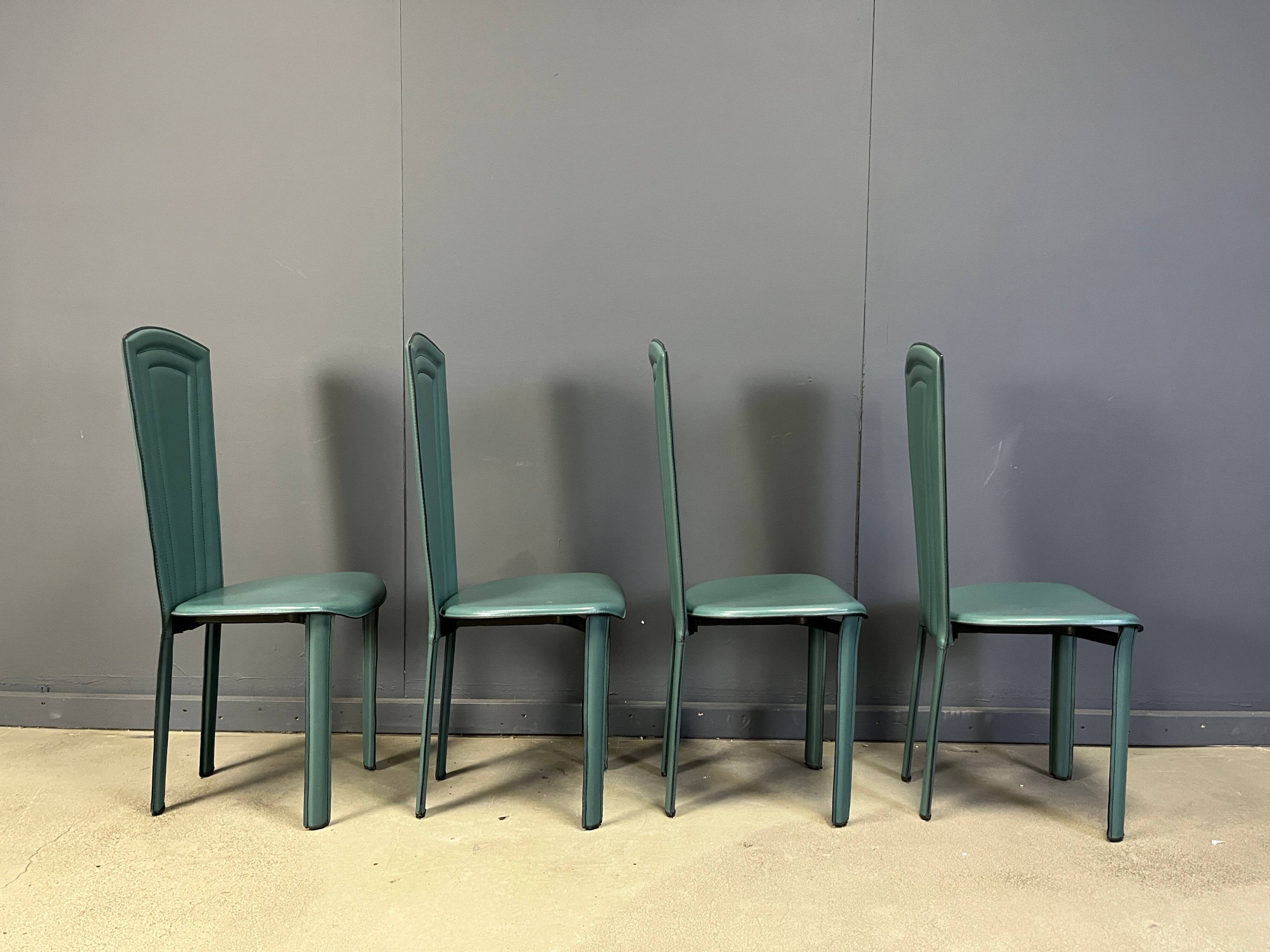 Vintage green leather dining chairs, 1980s - set of 4