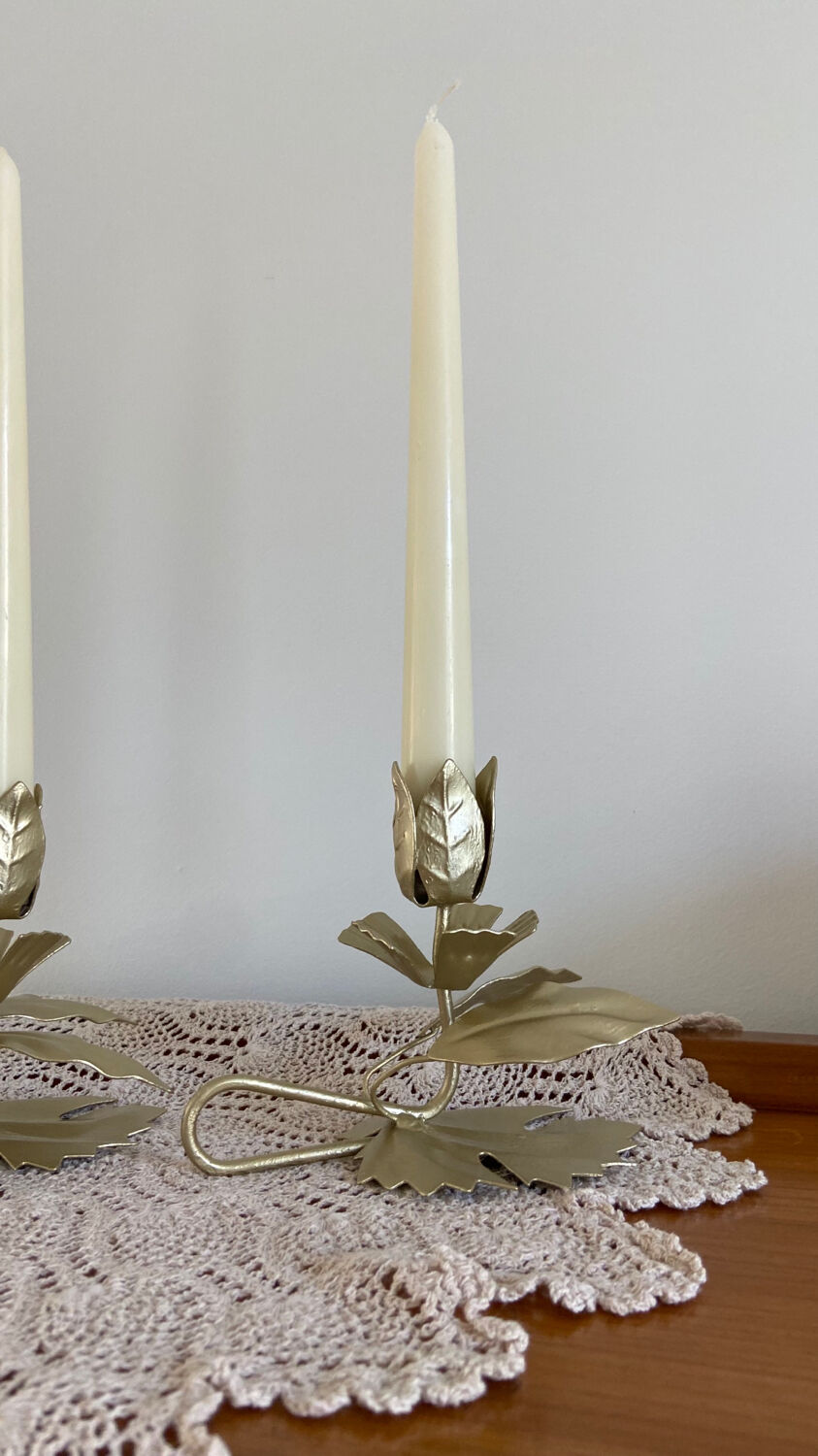 Pair of vintage flower candle holders in gold painted metal