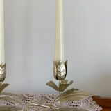 Pair of vintage flower candle holders in gold painted metal