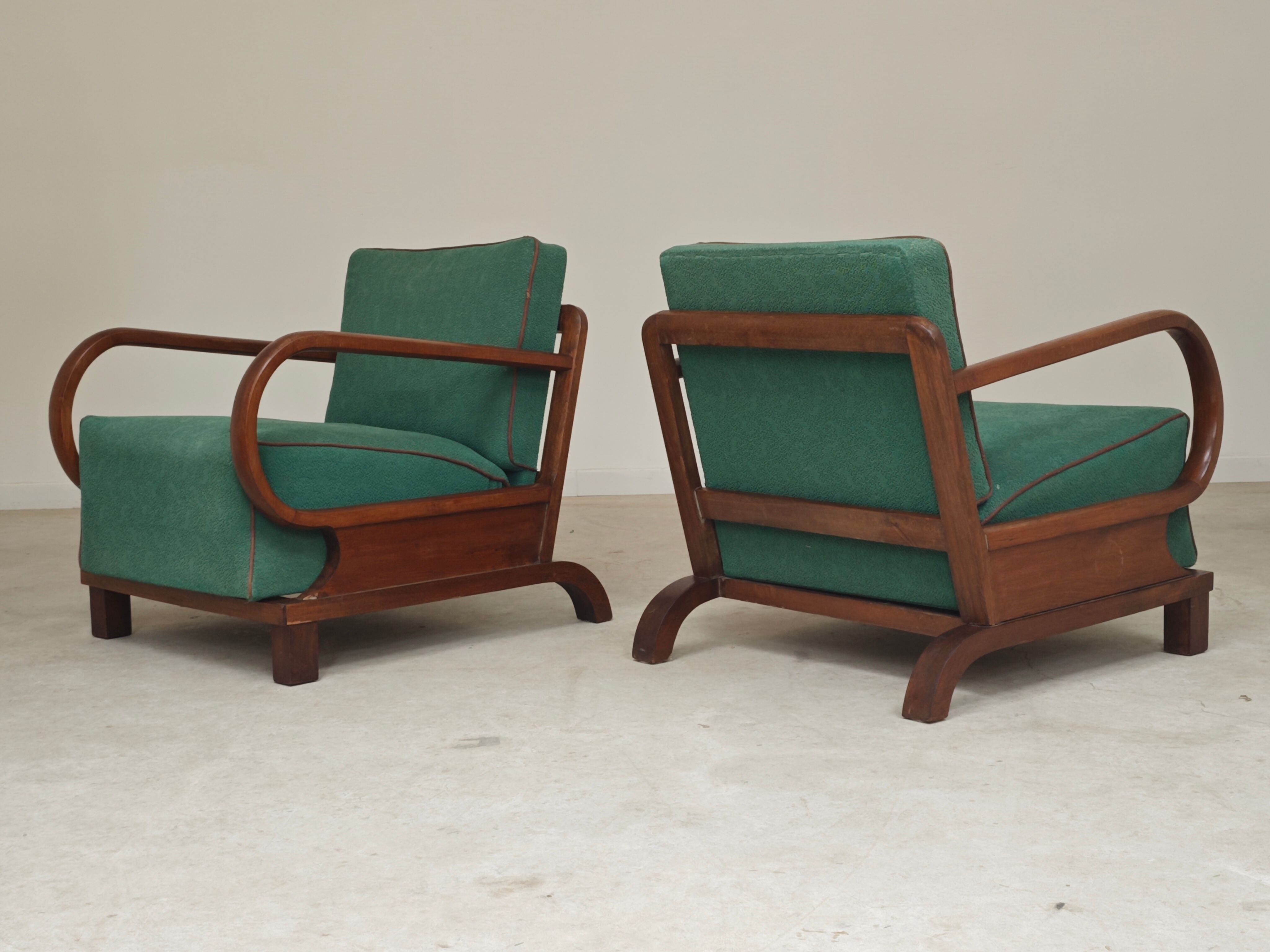 Paire de fauteuils Art déco vert par Jindrich Halabala, Prague 1930