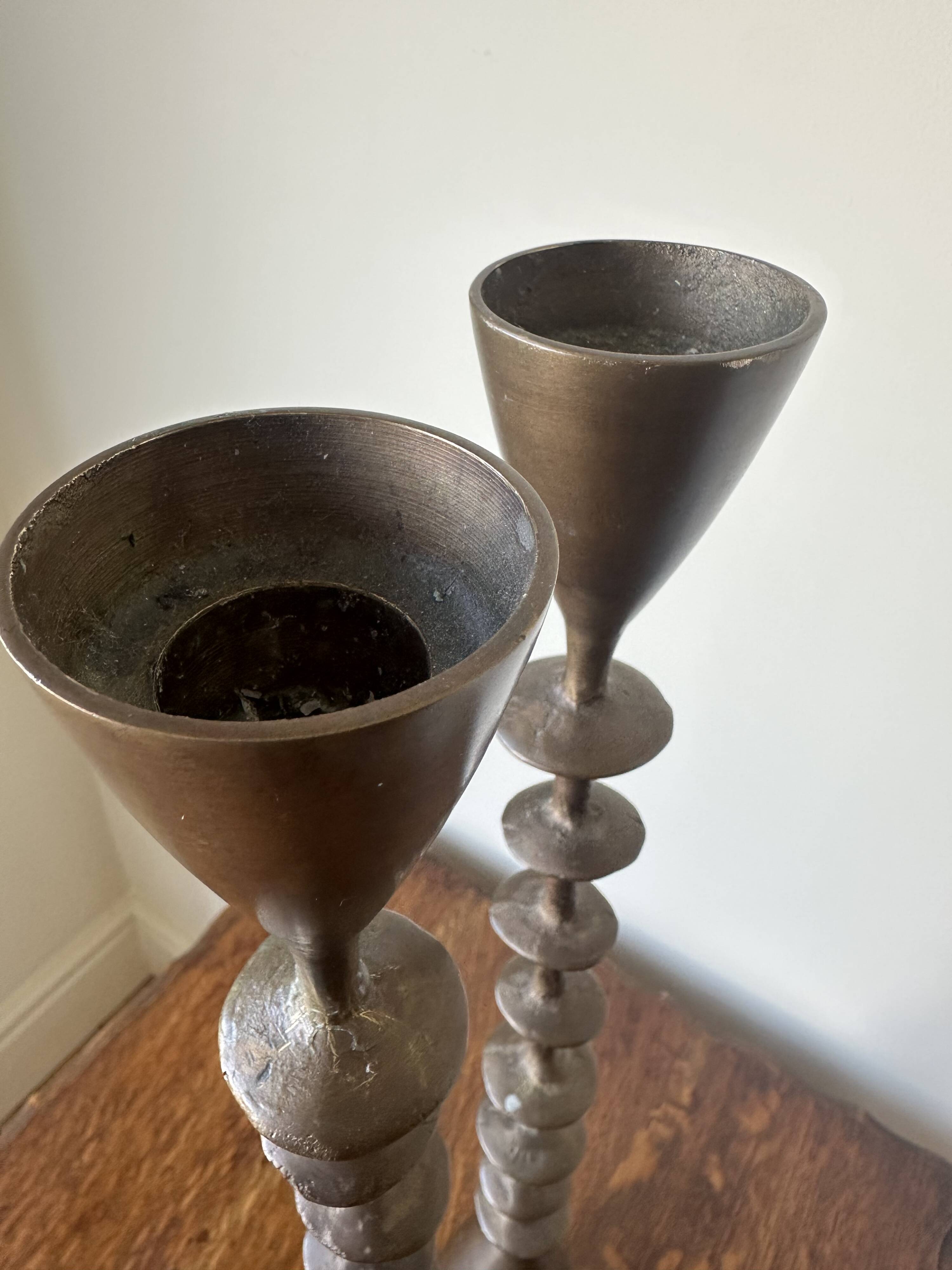 Vintage mid century brutalist hand forged brass candlesticks