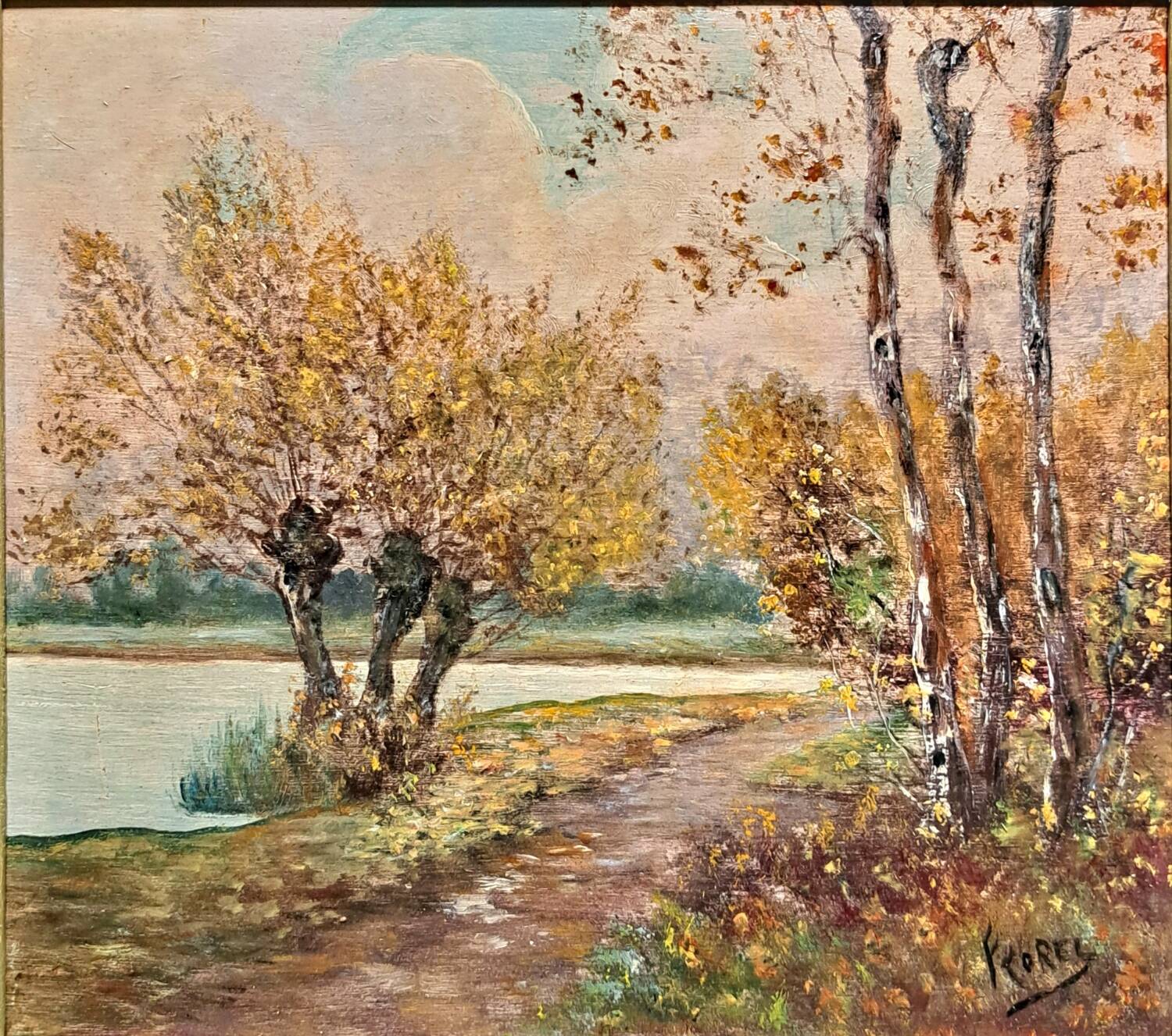 Impressionist painting, Oil on wood early 20th century, romantic landscape.