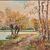 Impressionist painting, Oil on wood early 20th century, romantic landscape.