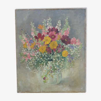 Le bouquet de fleurs estivale, huile sur toile ancienne