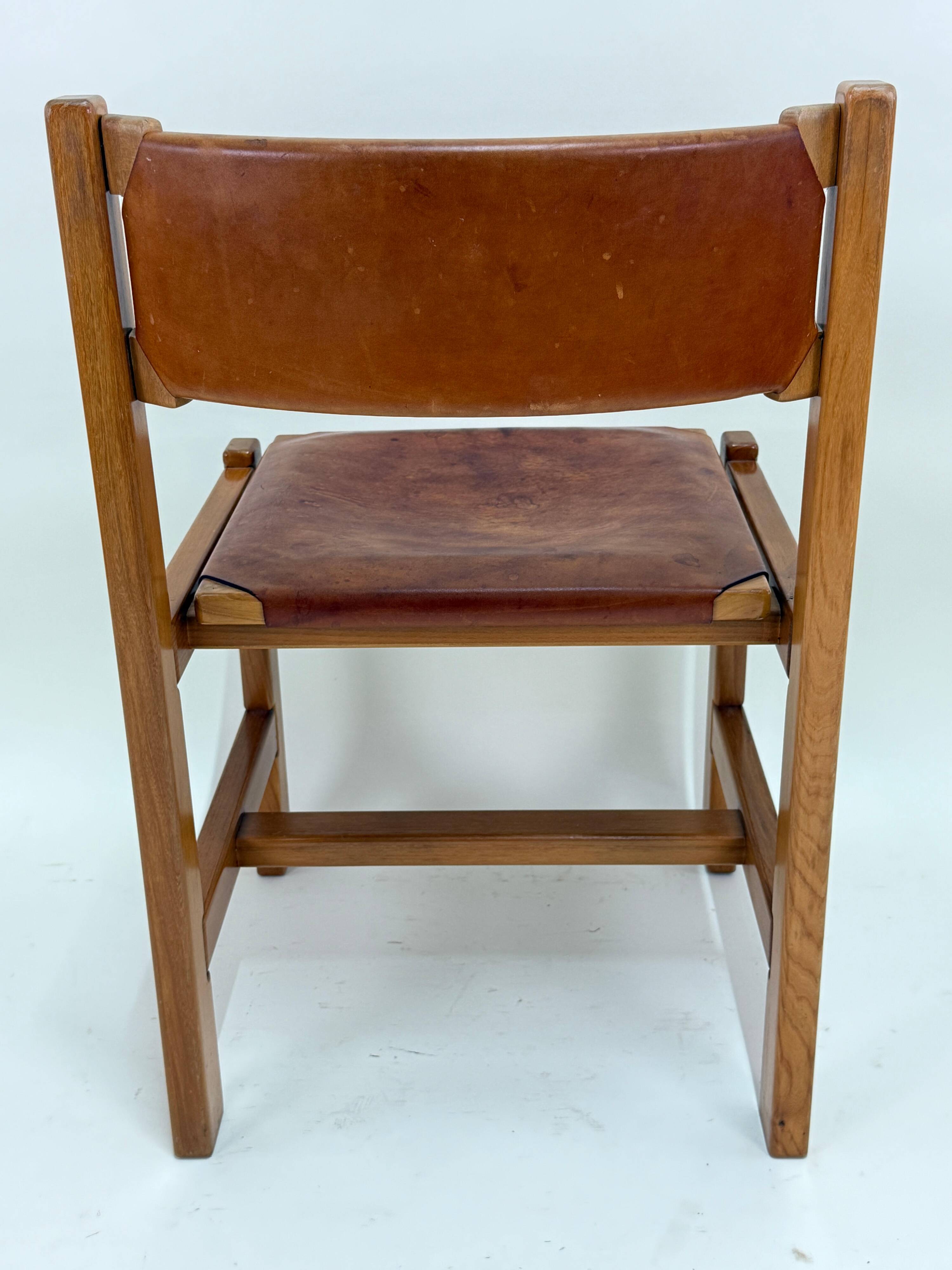 Set of 6 Maison Regain Chairs - Solid Elm and Fawn Leather - Circa 70