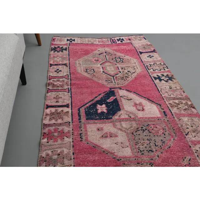 Vintage Turkish Hand-Knotted Wool Cotton Pink Runner Rug 100x335