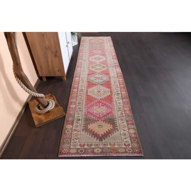 1970s vintage Turkish hand-knotted wool cotton red runner rug 110x361