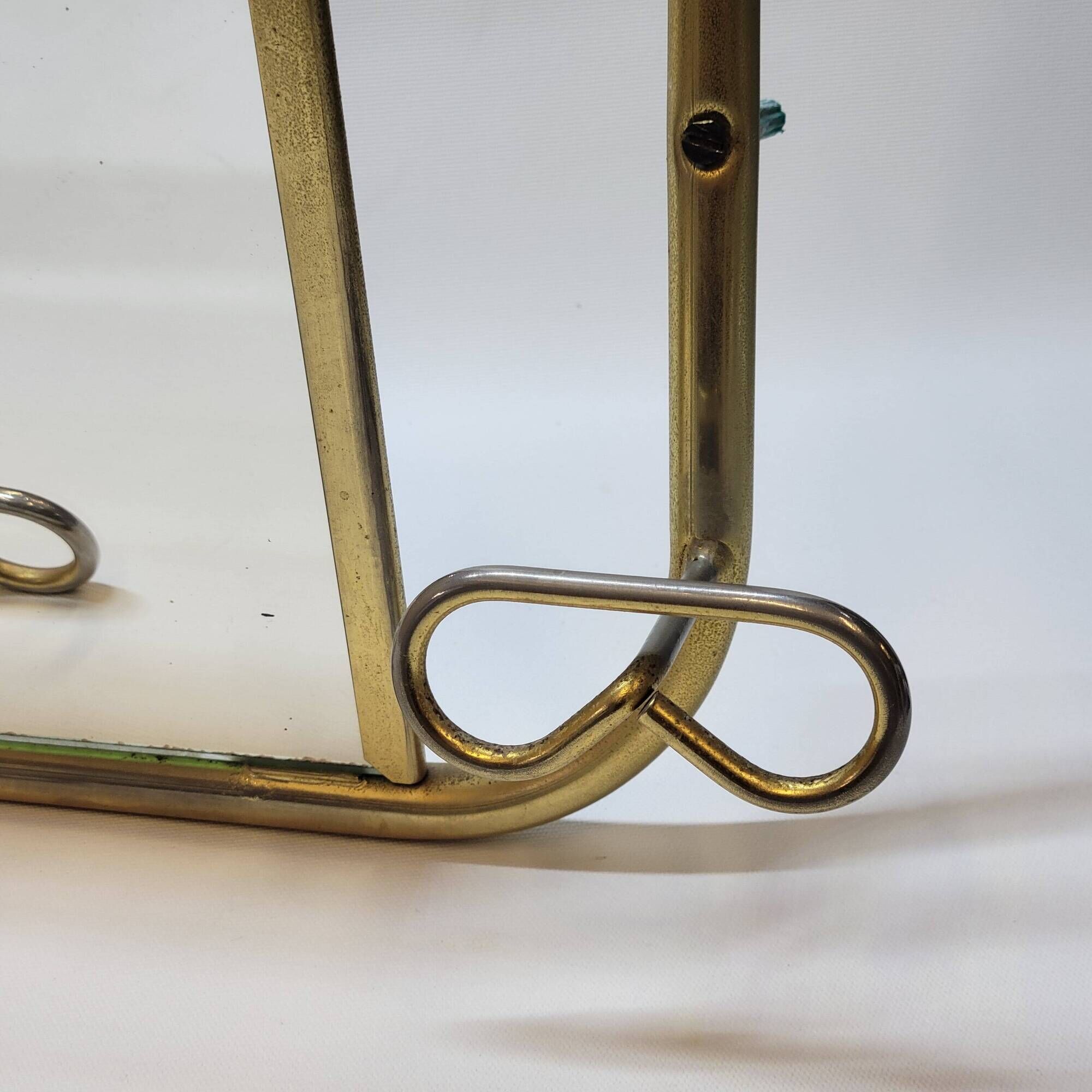 Coat rack with 4 hooks with shelf and vintage mirror in golden metal
