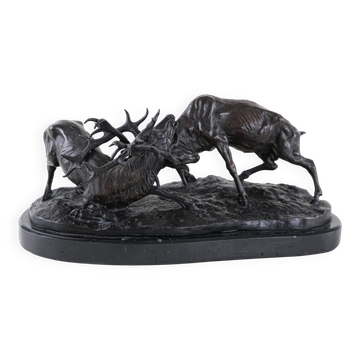 Fighting stags bronze sculpture by Pierre-Jules Mêne French animalier art