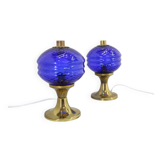 1970s Pair of Brass and Glass Table Lamps , Czechoslovakia