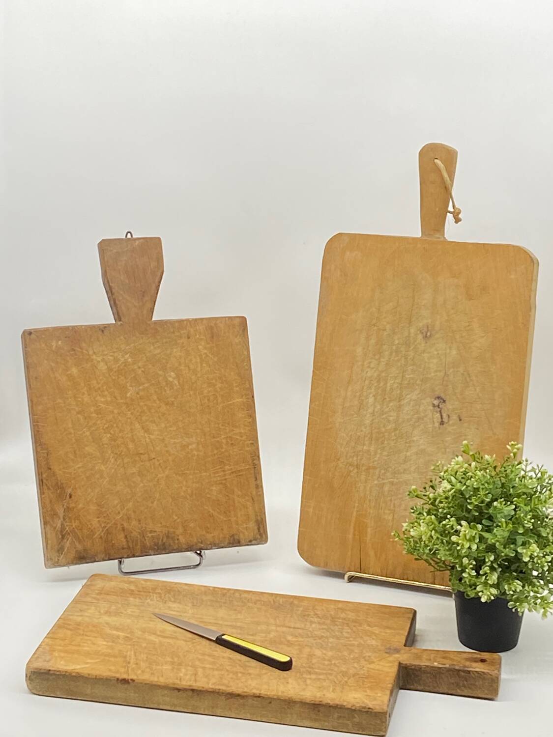 Trio of old cutting boards, butcher block,
