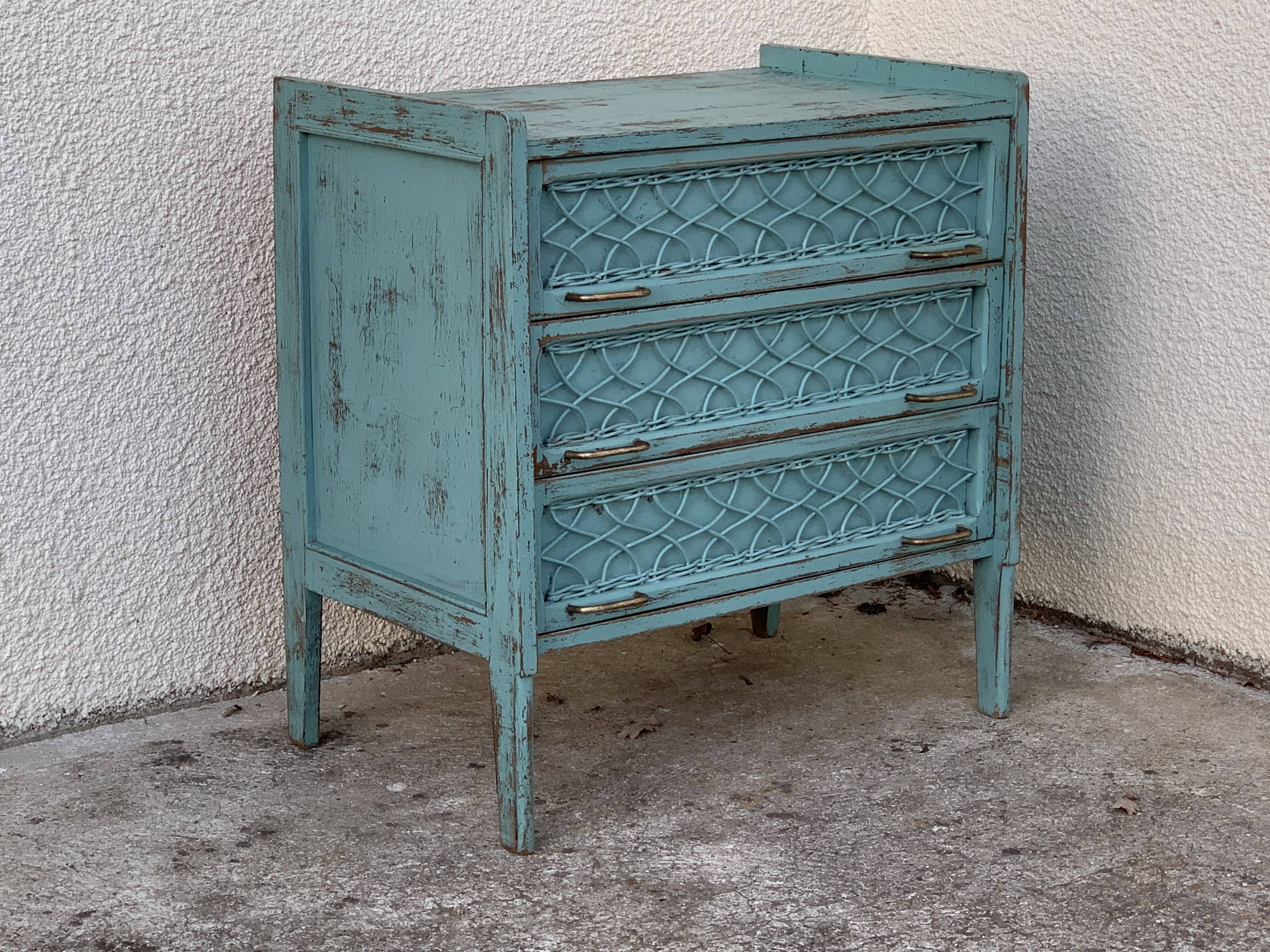 Vintage chest of drawers wood and rattan patina turquoise 1950