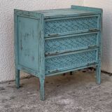 Vintage chest of drawers wood and rattan patina turquoise 1950