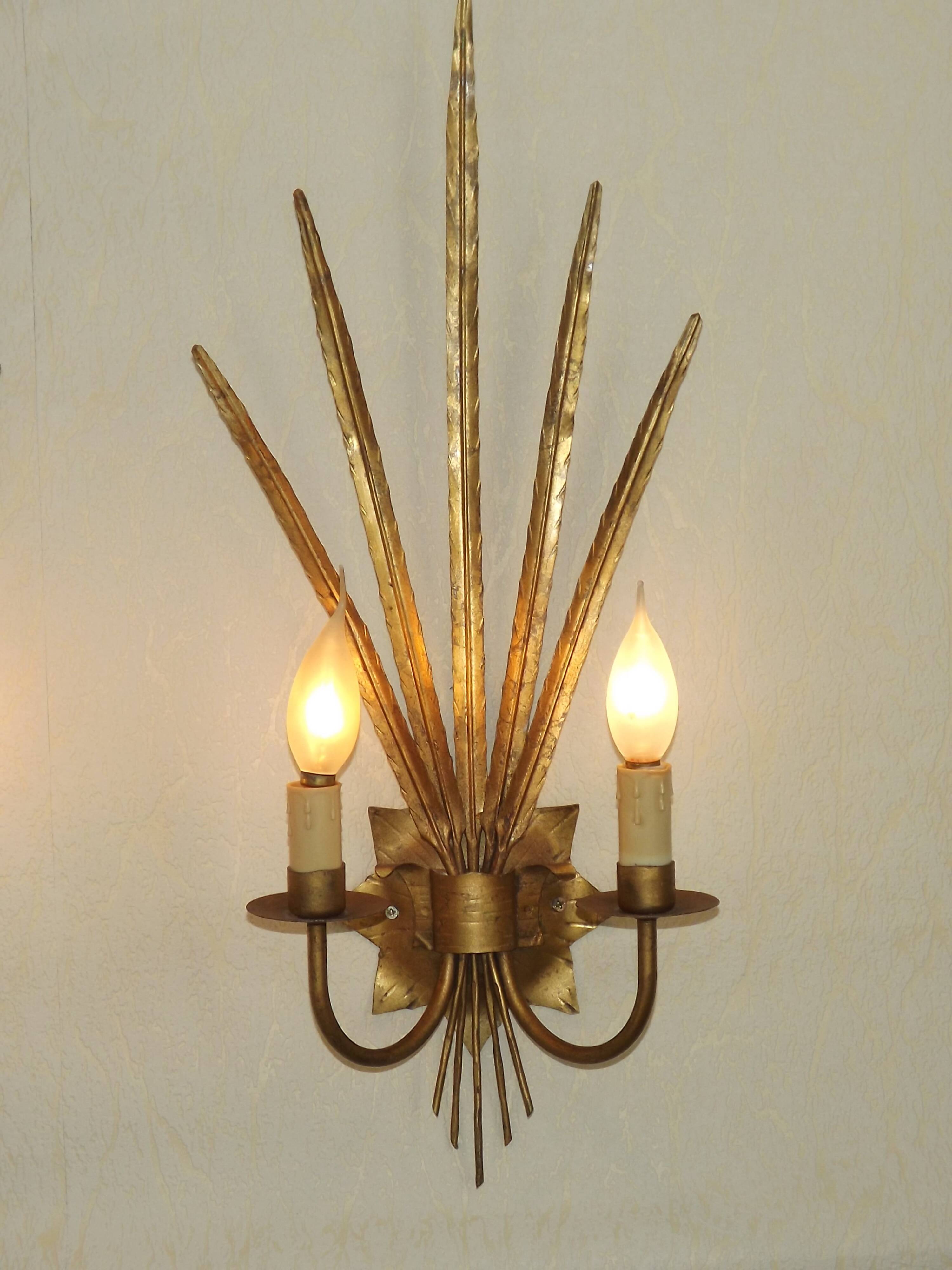 Matching Pair Large 'Ferro Art' Spain, 1950s Reed Leaf Double Wall Lights 5