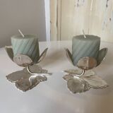 Set of 2 Silver Candle Holders - Tulip Shape on Vine Leaf