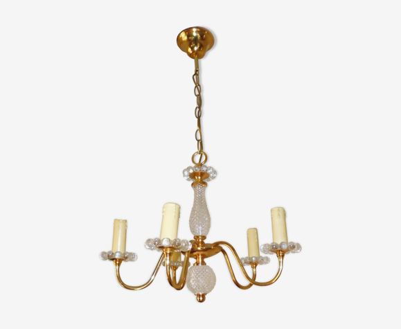 Lustre 5 feux laiton doré et verre pointe diamant années 70