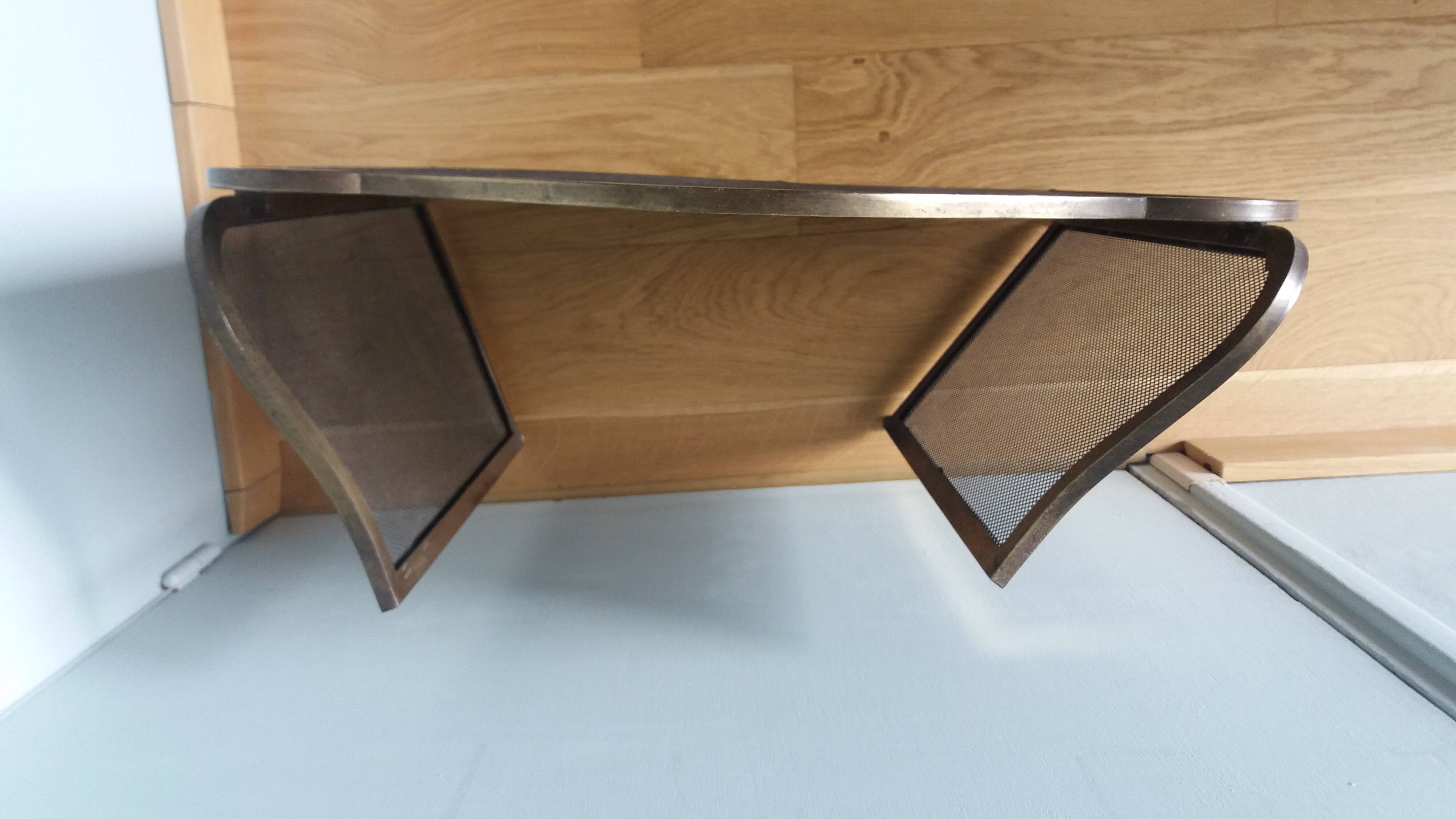 Fire screen, three-panel fireplace screen.