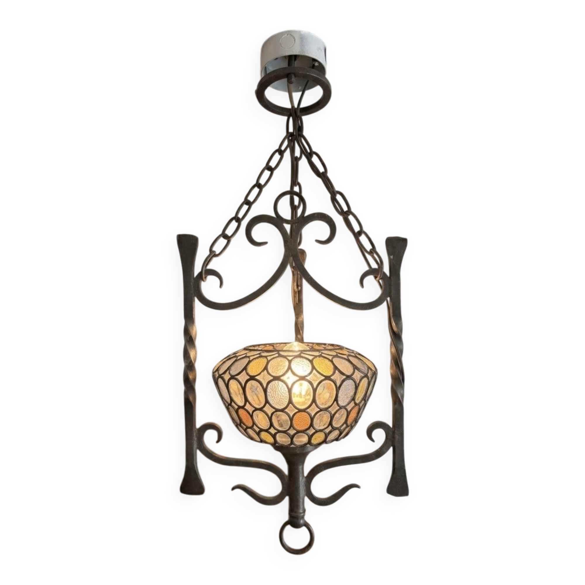 Colourful Stained Glass Wall Sconce with Wrought Iron and Cabochons Lamp