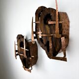 Pair of Brutalist wood & copper wall sconces, Italy, 1970s