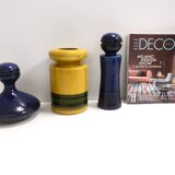 Set of Three Postmodern Blue and Yellow Glazed Vase and Bottles by Parravicini